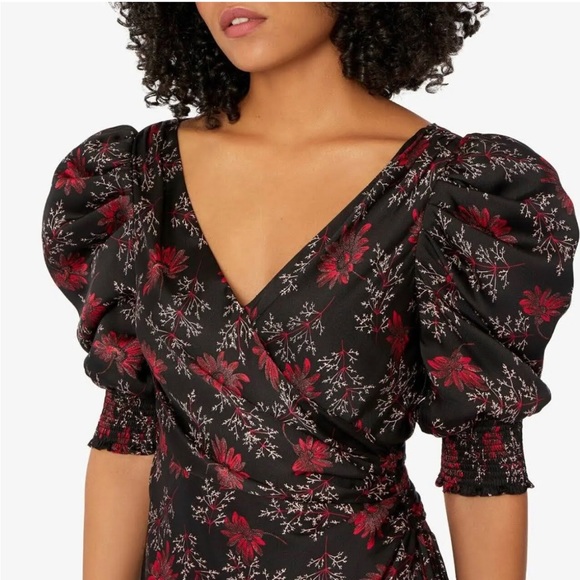 CINQ A SEPT Black Raspberry Floral puff sleeve Daisy Kacy Dress - Picture 2 of 9